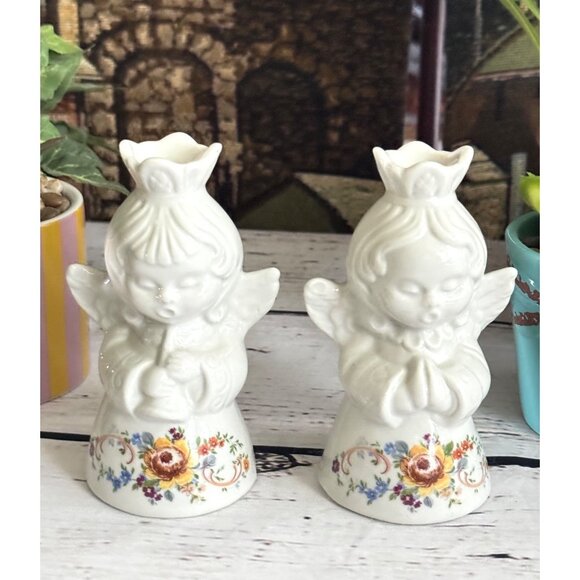 Vintage Dresden Ceramic Angel Candle Holders With Floral Design - Picture 3 of 9